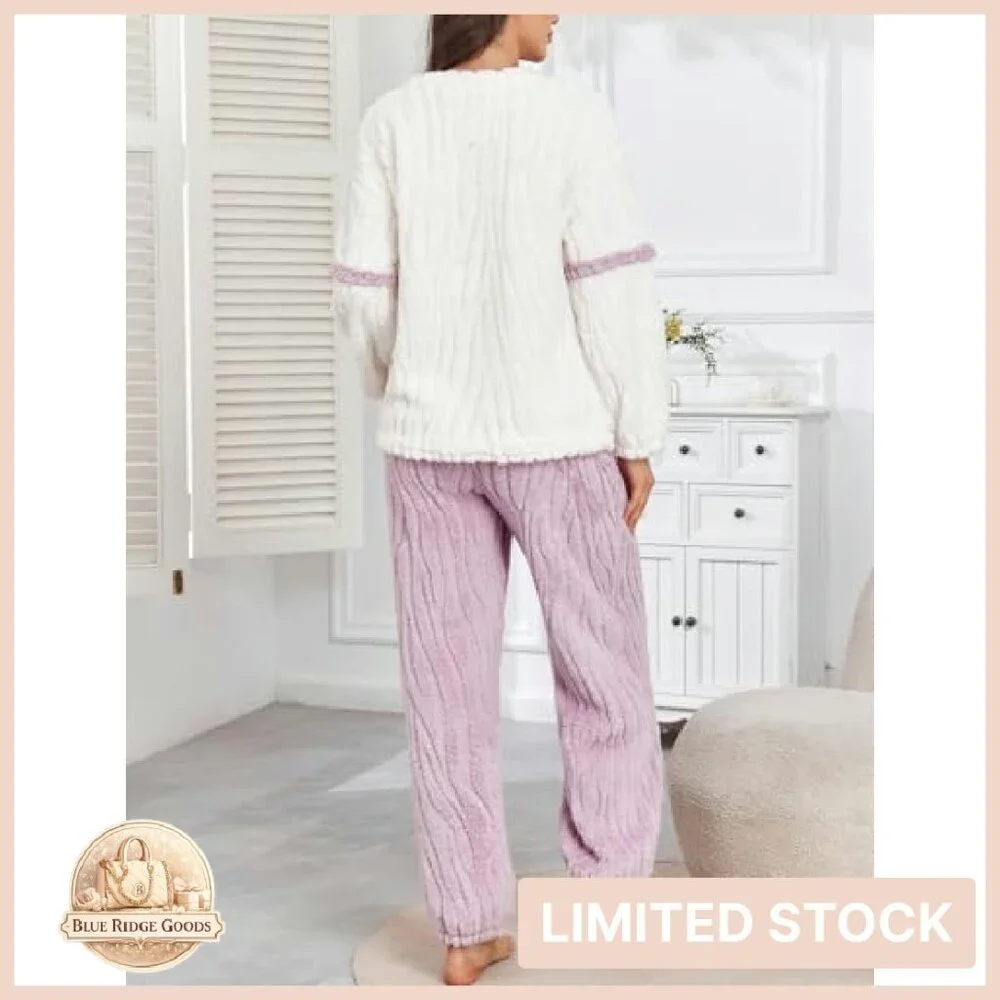Cozy Winter Fleece Pajama Set Long Sleeve Sherpa Sleepwear Lounge Wear